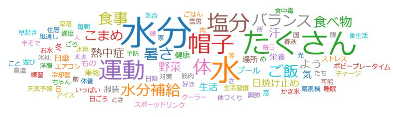 アンケートの回答内容に、水分、水、たくさん、帽子、塩分、運動などのキーワードを回答した人が多いことが分かる
