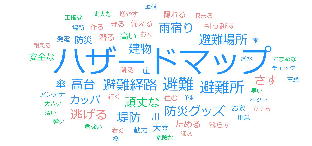 アンケートの回答内容に、ハザードマップ、避難経路、避難、避難所、防災グッズなどのキーワードを回答した人が多いことが分かる