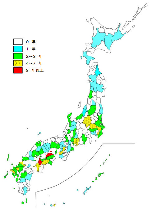 最近30か年(1992～2021年)で渇水による上水道の減断水が発生した年数