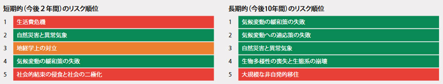 グローバルリスクの短期・長期的なランキング（上位5位）