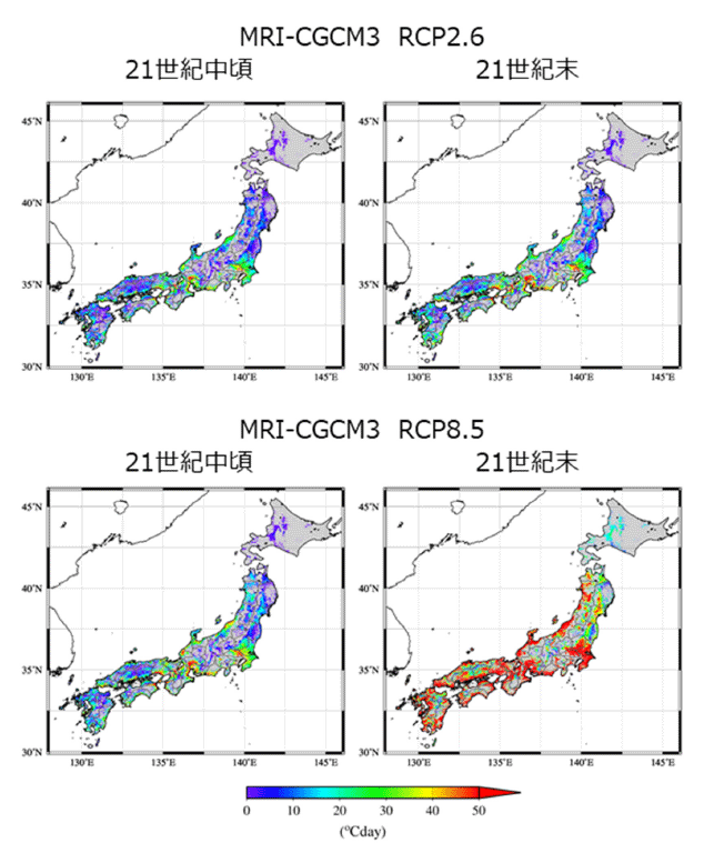 MRI-CGCM3を使用した高温による品質低下リスク指標（HD_m26）の分布