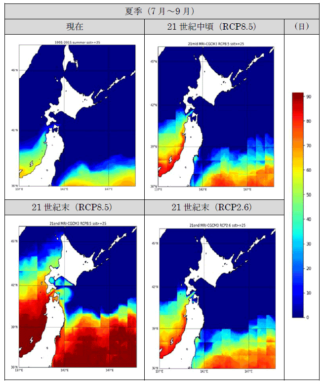 ホタテガイのへい死の危険性が発生する水温（25℃以上）の出現頻度MAP（MRI－CGCM3）