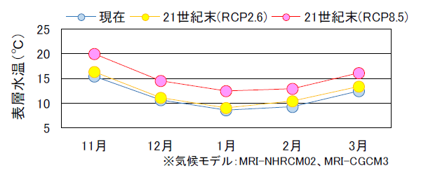 現在と21世紀末（RCP2.6、RCP8.5）の水温（上）