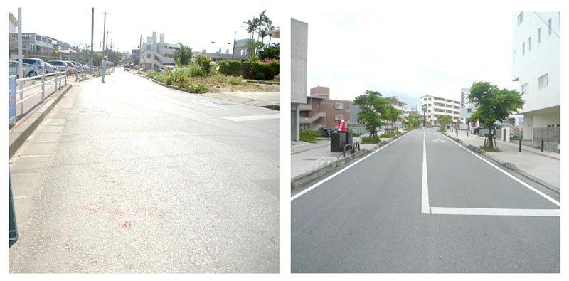 無電柱化実施前(左図)と実施後(右図)の⽯嶺福祉センター線(⾸⾥⽯嶺町)
