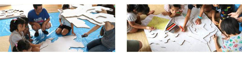 段ボールジオラマ防災授業のようす