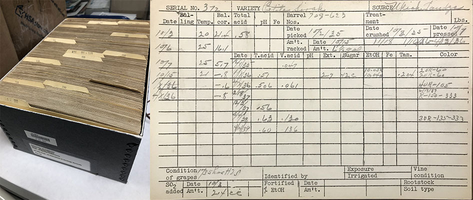 研究に使用しているデータをまとめたカード（左）とカードの記入例（右）