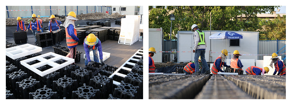 図1 プラスチック製雨水貯留構造体設置工事の様子