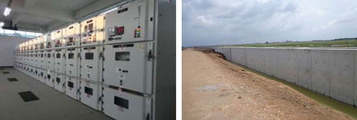 洪水対策の取組事例（配電盤を工場の２階に設置し、工場の周壁の高さをかさ上げした様子）