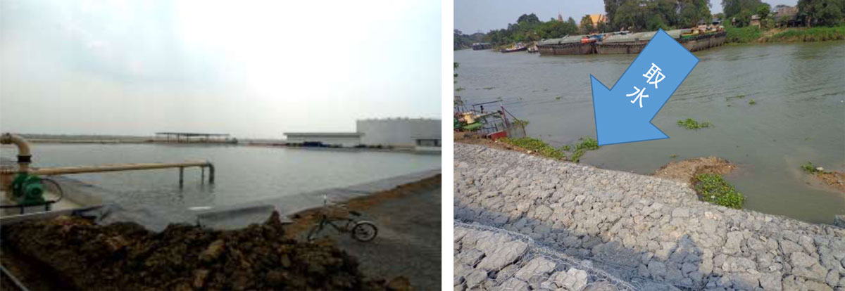 渇水対策の取組事例（数週間にわたり操業可能な貯水池の設置、取水口位置を下げた様子）