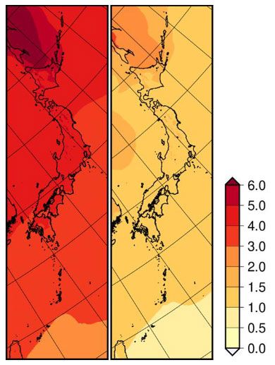 21世紀末（2076～2095年平均）における日本の平均気温の変化の分布（℃）
