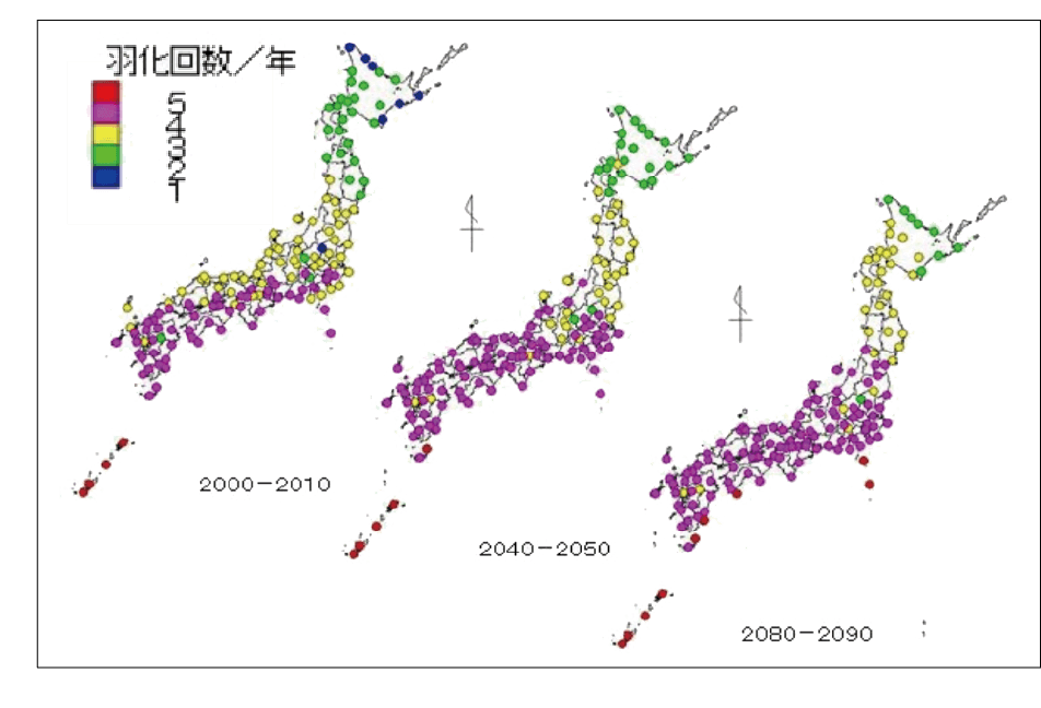 気候シナリオデータ（MIROC-H、A1Bシナリオ）を用いた害虫（ムラサキアツバ）の羽化回数の予測
