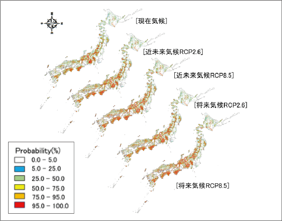 可能最大降水量に応じた土砂災害発生確率マップ