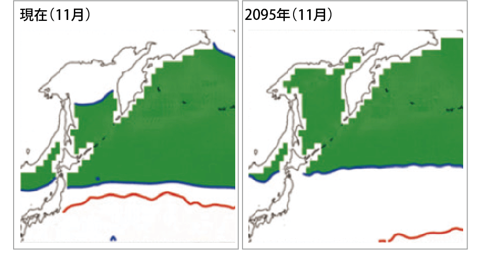 現在のサケの分布域と地球温暖化予測 A1B におけるサケの分布域の比較