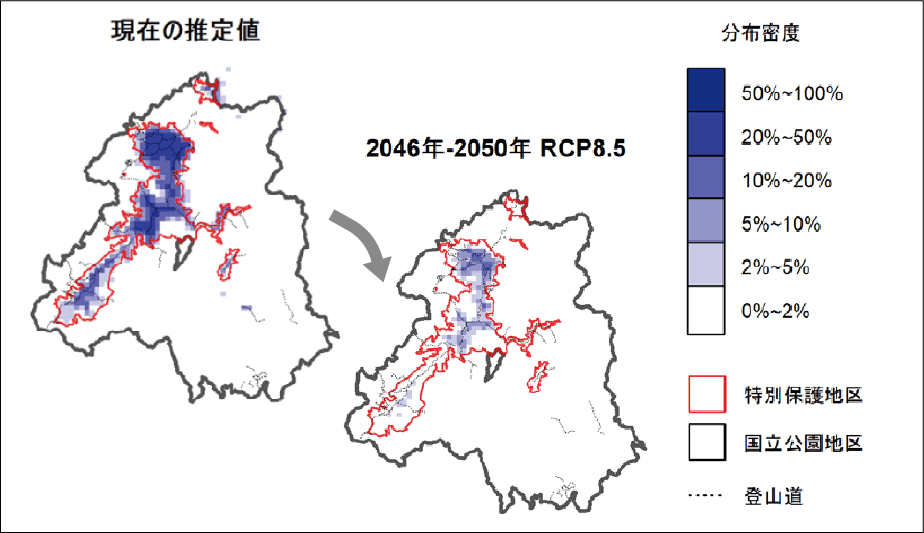 「雪田草原の現在の分布と将来予測（統計モデル間の平均）」（大雪山国立公園）