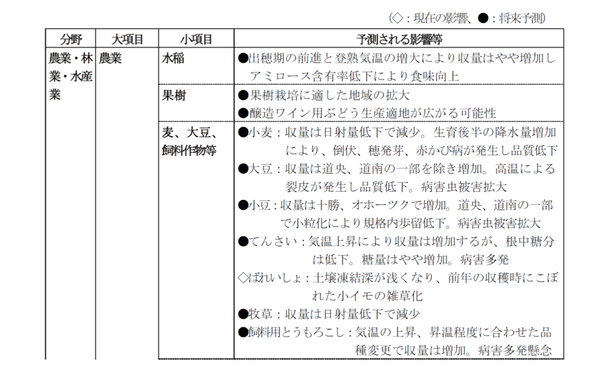 31 北海道における水稲と果樹と麦、大豆、飼料作物等に関する影響予測結果