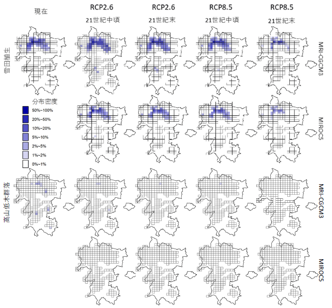 雪田草原・高山低木群落の現在・将来分布予測