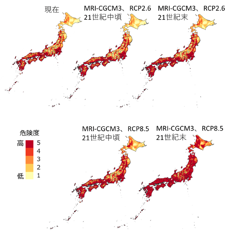 気候変動によるマツ枯れ危険域の変化（MRI-CGCM3）