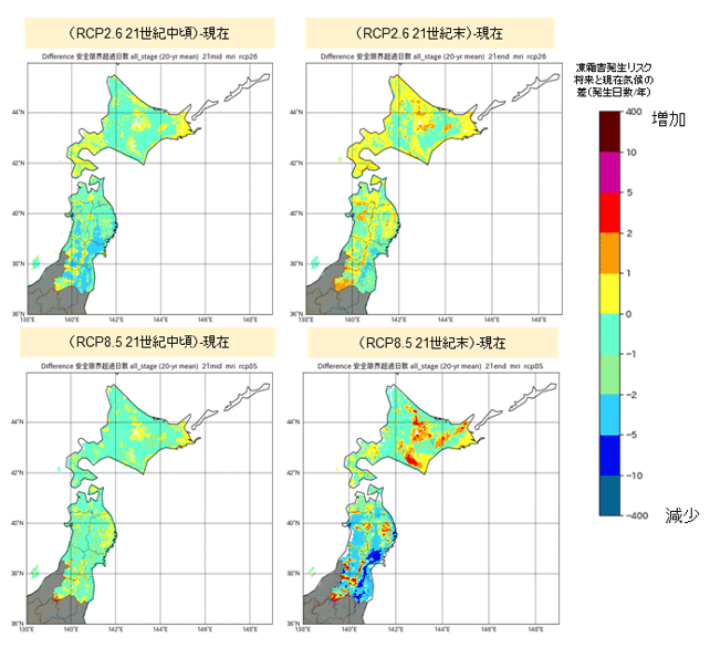 安全限界温度＋2℃指標による凍霜害リスク発生日数。現在と将来予測の差（MRI-CGCM3）