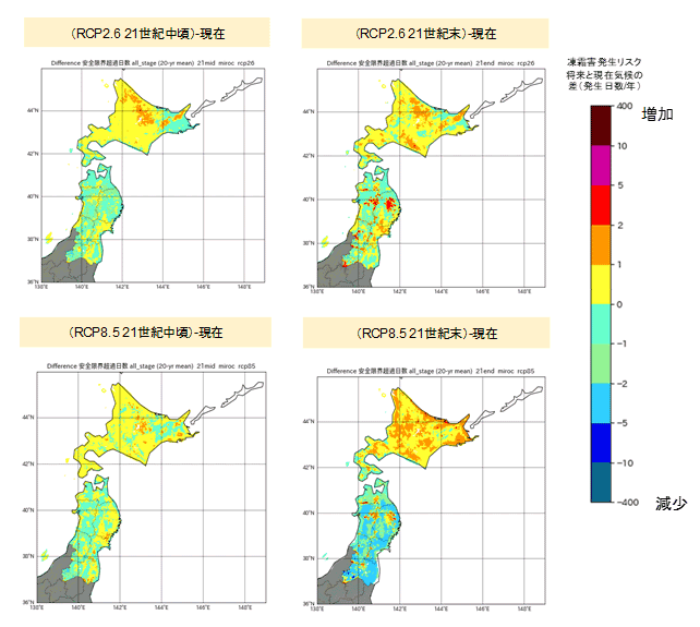 安全限界温度＋2℃指標による凍霜害リスク発生日数。現在と将来予測の差（MIROC5）