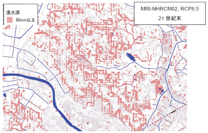 73mm/h（現行の1.3倍）の降水時の浸水予測