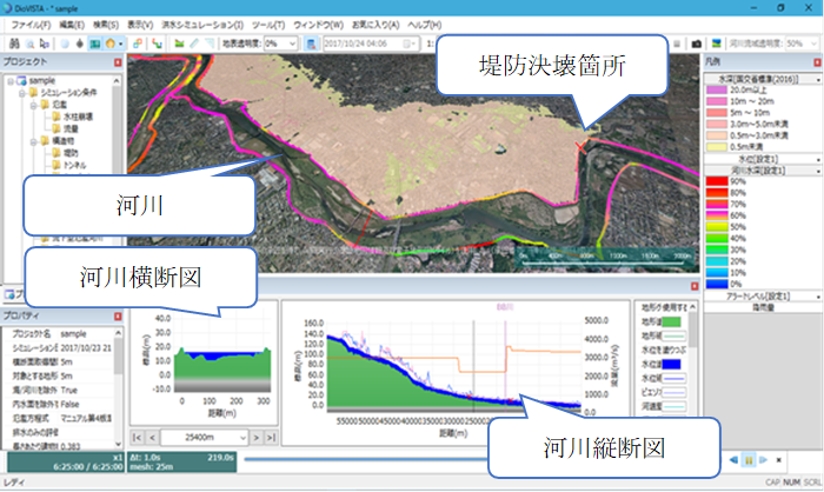 DioVISTA/Floodによる市街地の浸水解析の例の図