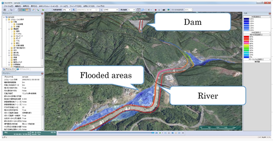 DioVISTA/Floodによるダム下流の浸水解析の例の図