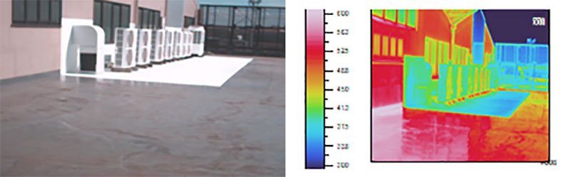 室外機及び周辺への塗装例（左）とそのサーモグラフィー（右）