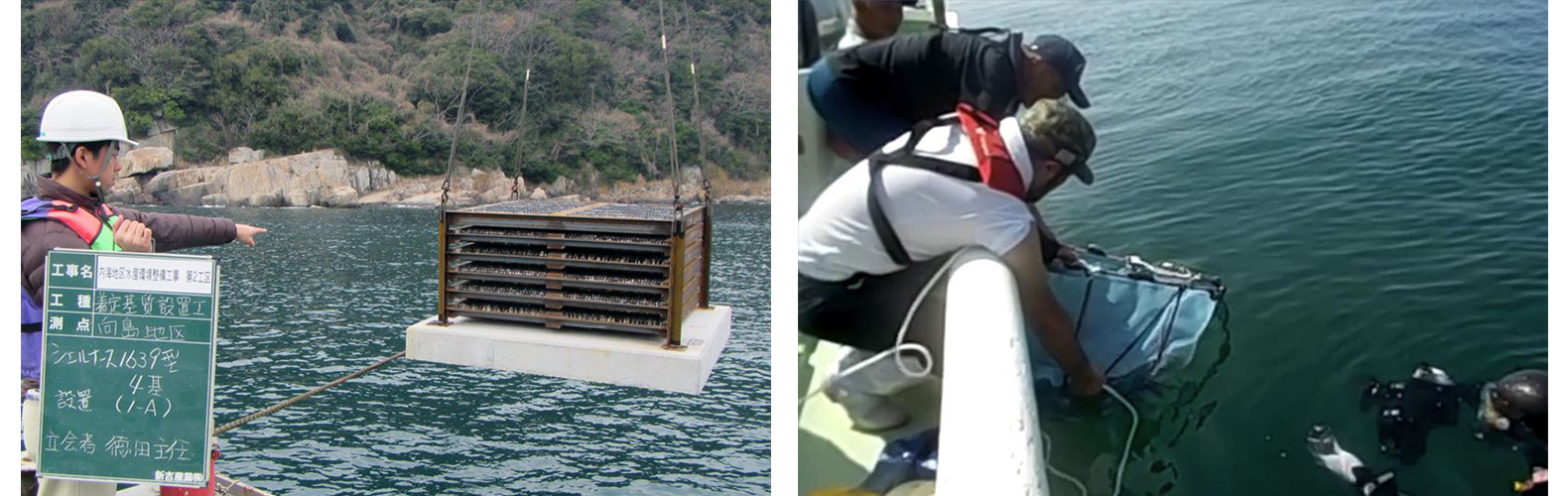 左：幼稚魚保護育成礁の設置、右：種苗放流の様子（山口県）