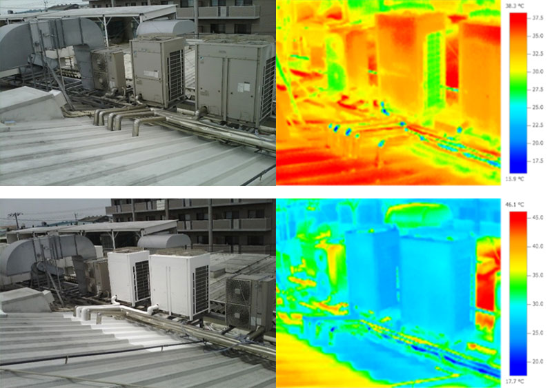 室外機及び周辺への塗装前の様子（上左）とそのサーモグラフィー（上右）
同設備への塗装後の様子（下左）とそのサーモグラフィー（下右）