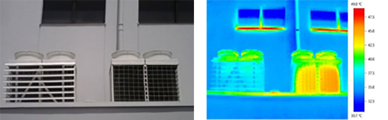 室外機省エネカバ－設置例（左）とそのサーモグラフィー（右）