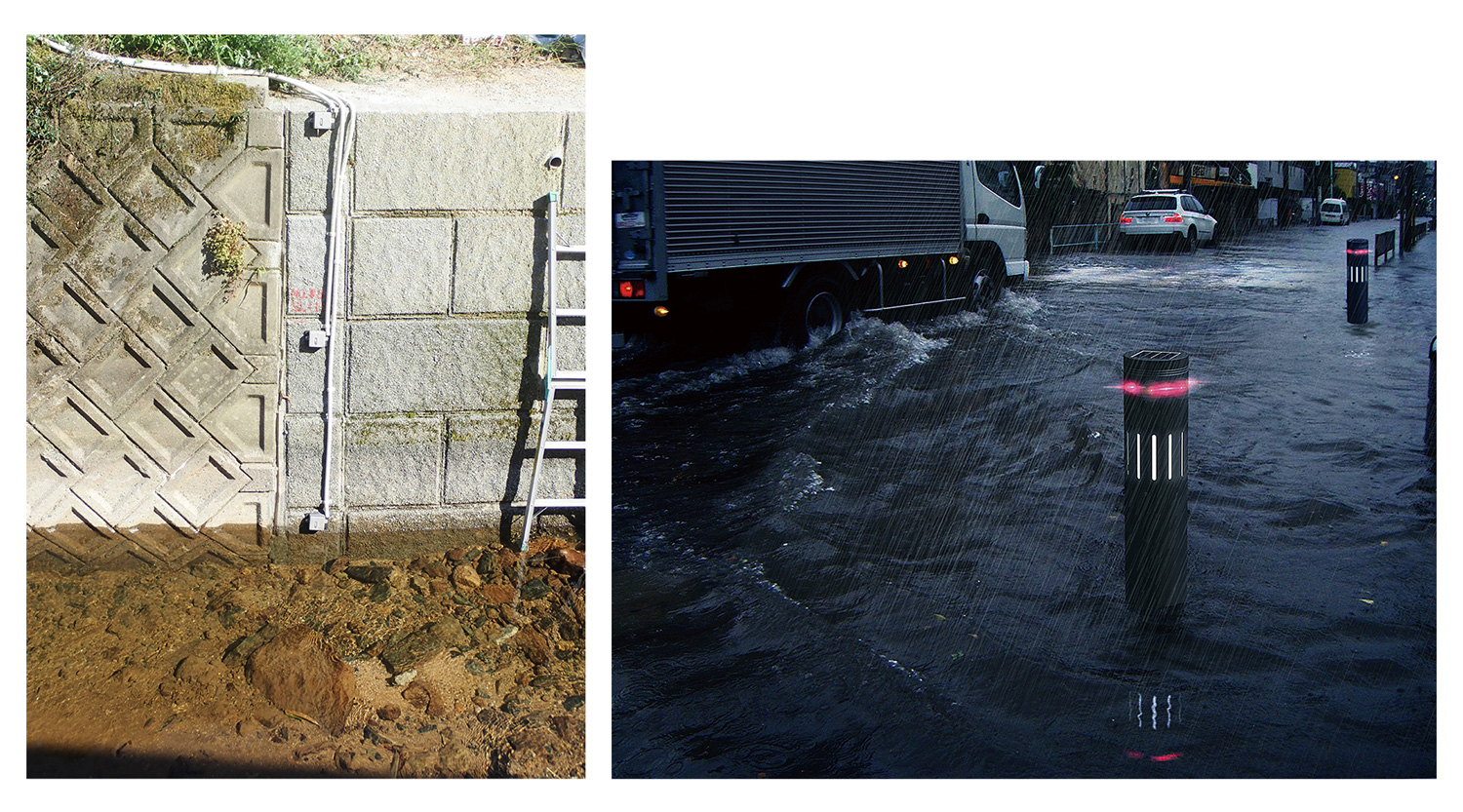 冠水センサ（左）と冠水センサボラード（右）