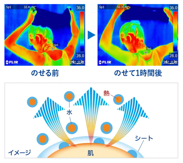 ビオレ冷タオルを肌にのせる前と1時間後の温度比較(上)と気化熱作用のイメージ(下)